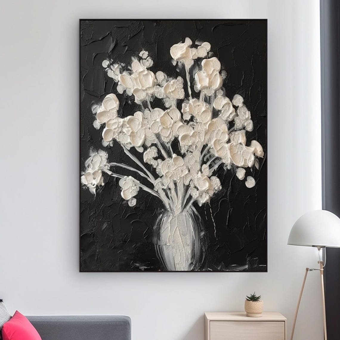 White Flowers Vase Black Background Dramatic Floral Still Art Poster - Image 2