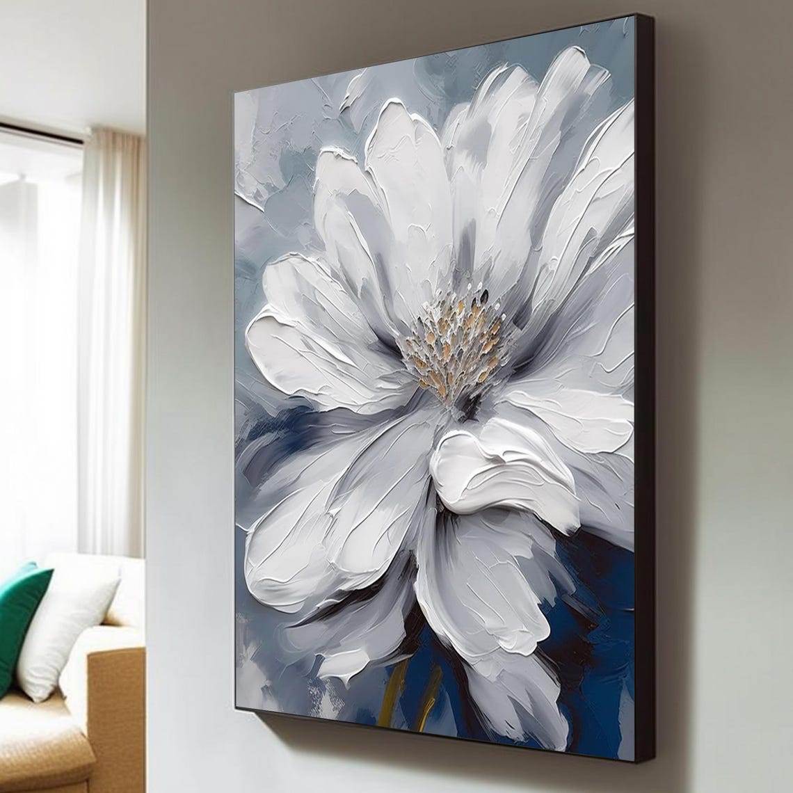 Giant White Flower Over Deep Blue Textured Floral Abstract Art Poster