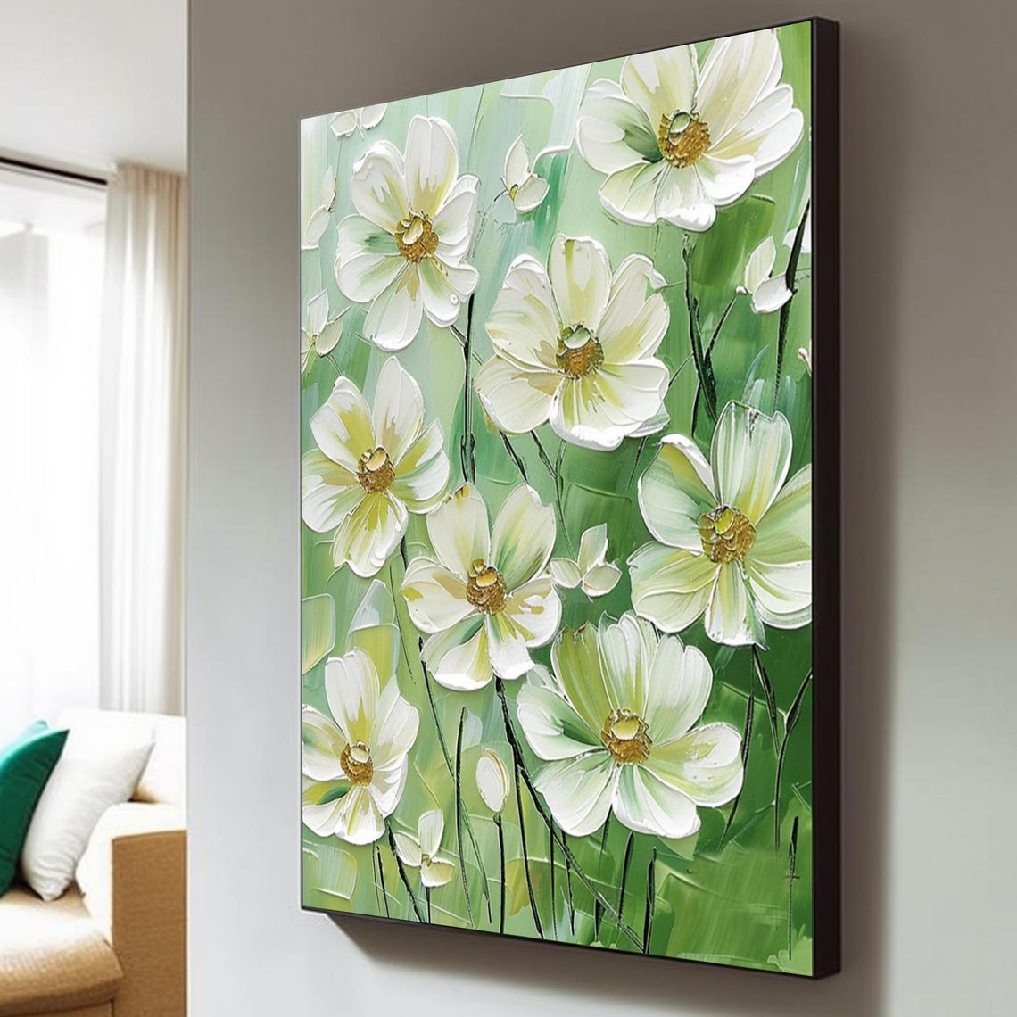 White Blossoms Gold Centers Pale Green Botanical Painting Art Poster - Image 5