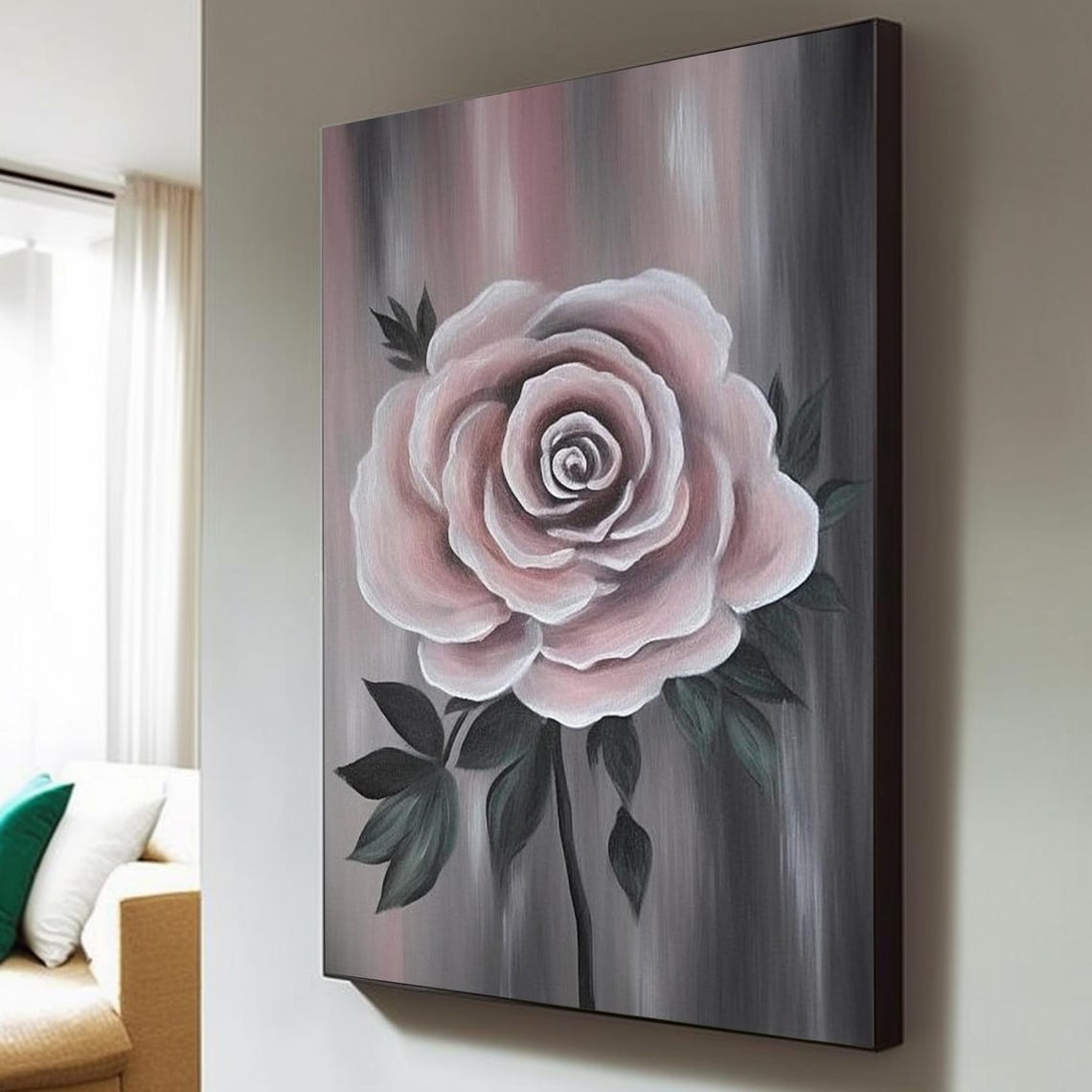 Single Pink Rose Bloom On Dark Gray Background Dramatic Floral Print - Image 5