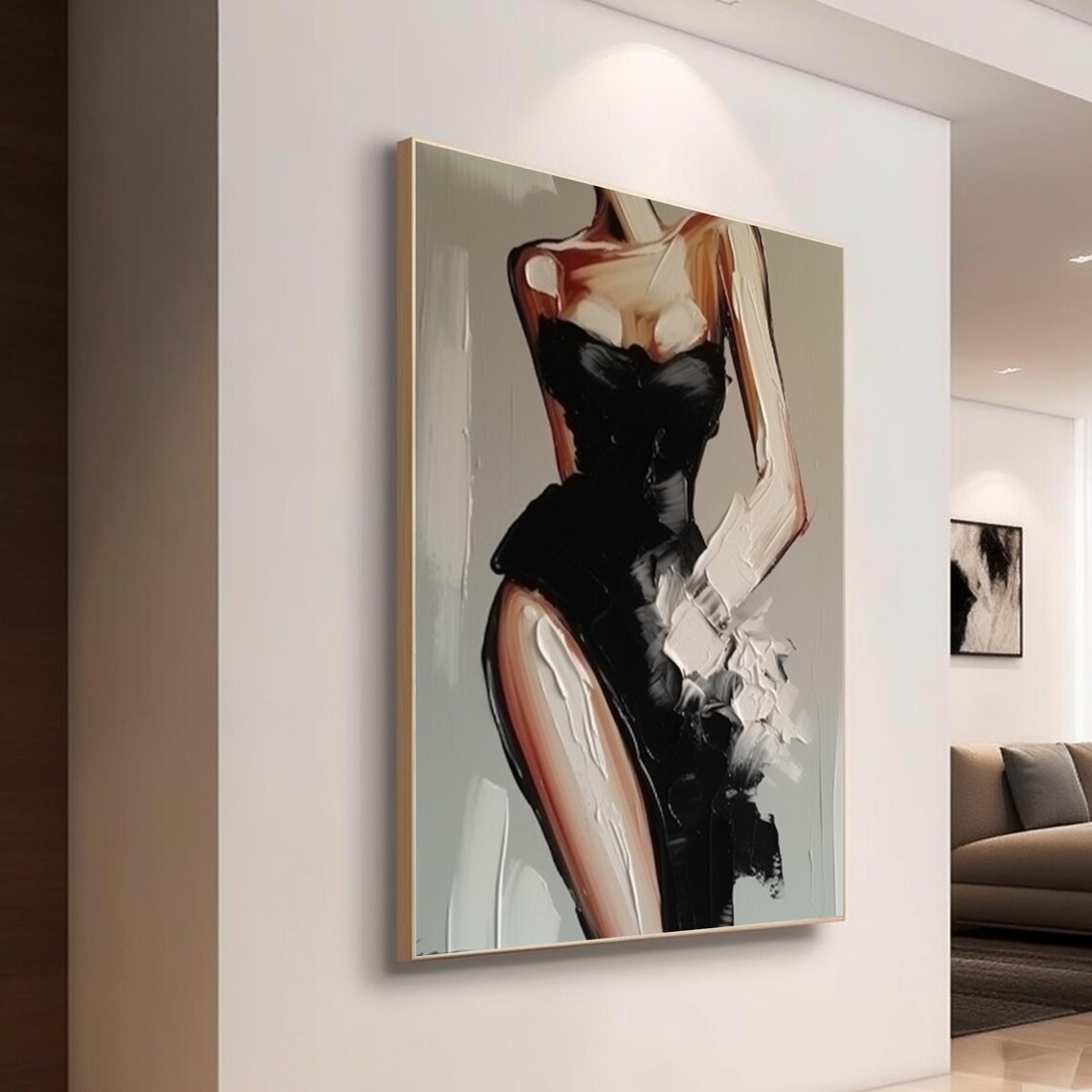 Elegant Woman in Black Gown High Slit Abstract Painting Art Poster