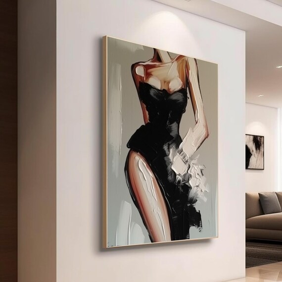 Elegant Woman in Black Gown High Slit Abstract Painting Art Poster