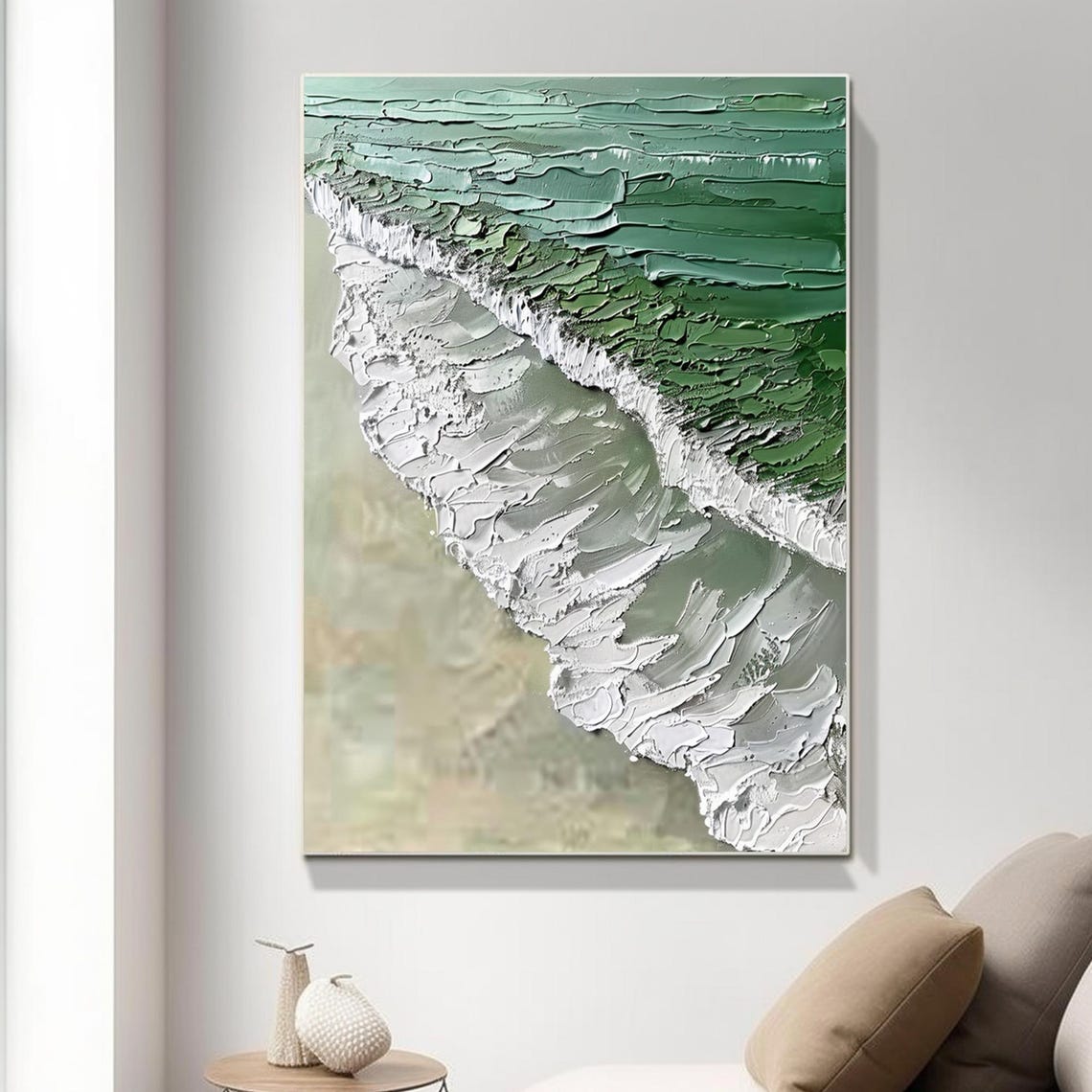 Aerial Green Coast White Foam Waves Textured Ocean Art Poster - Image 5