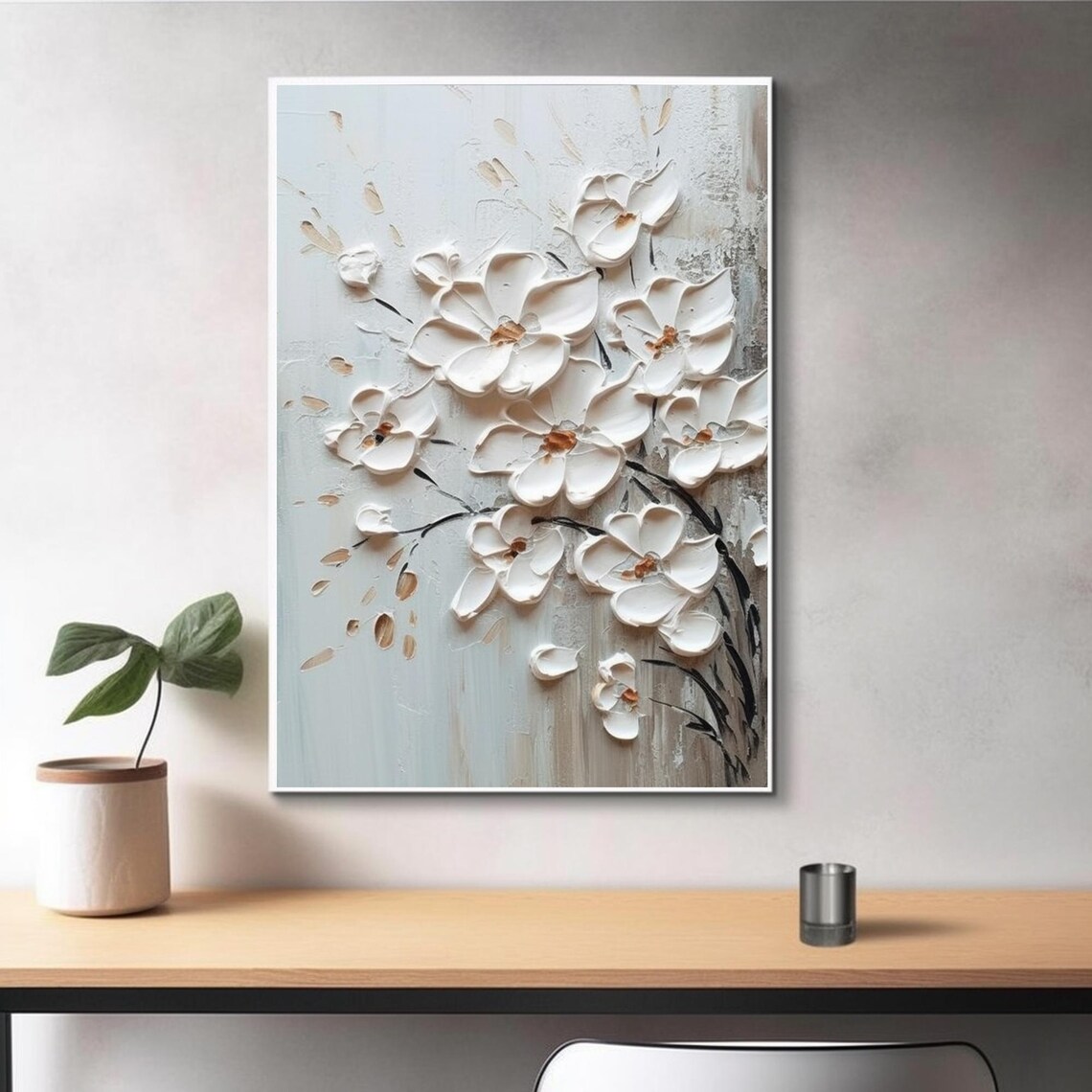 White Blossom Branch Dark Stems Pale Blue Floral Painting Art Poster - Image 3
