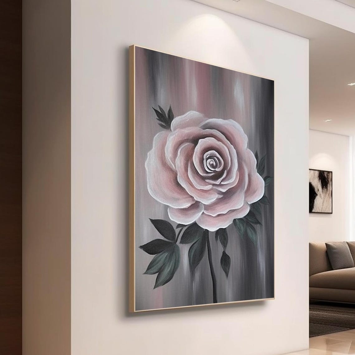 Single Pink Rose Bloom On Dark Gray Background Dramatic Floral Print - Image 4