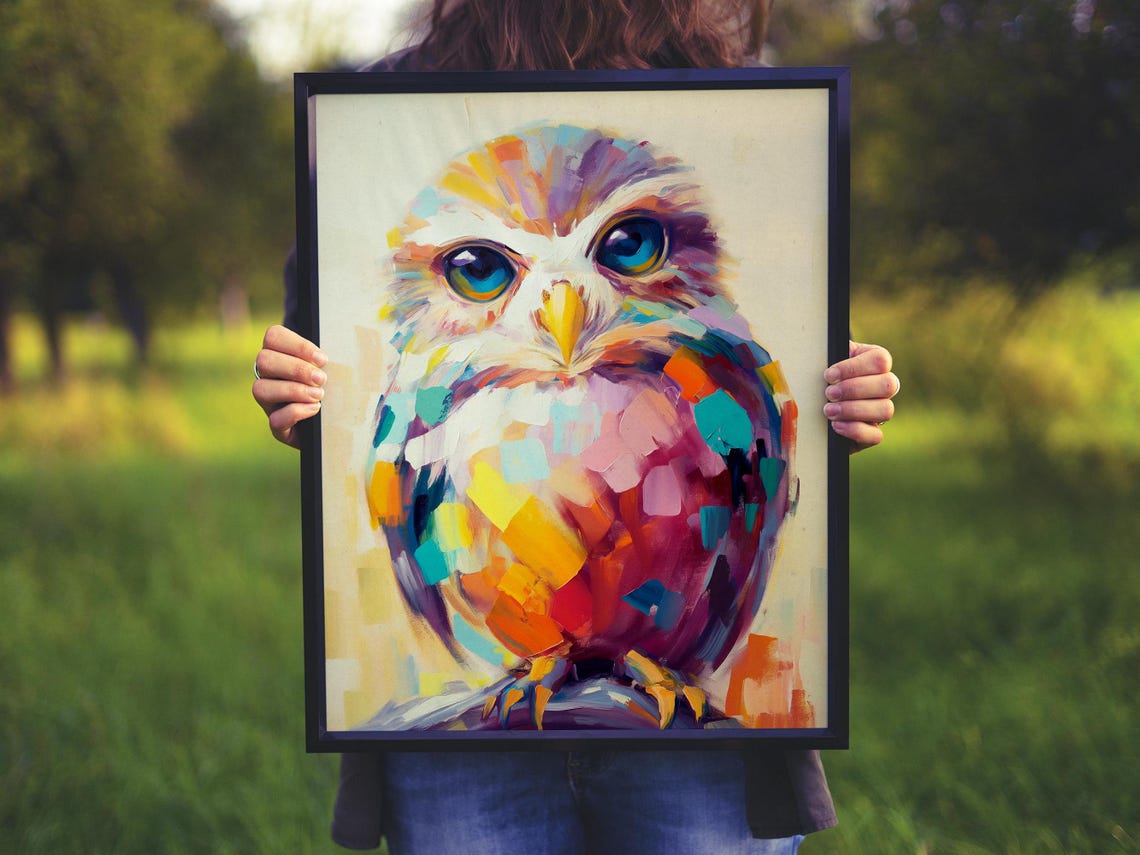 Colorful Mosaic Owl With Striking Blue Eyes on Cream Background Poster - Image 8