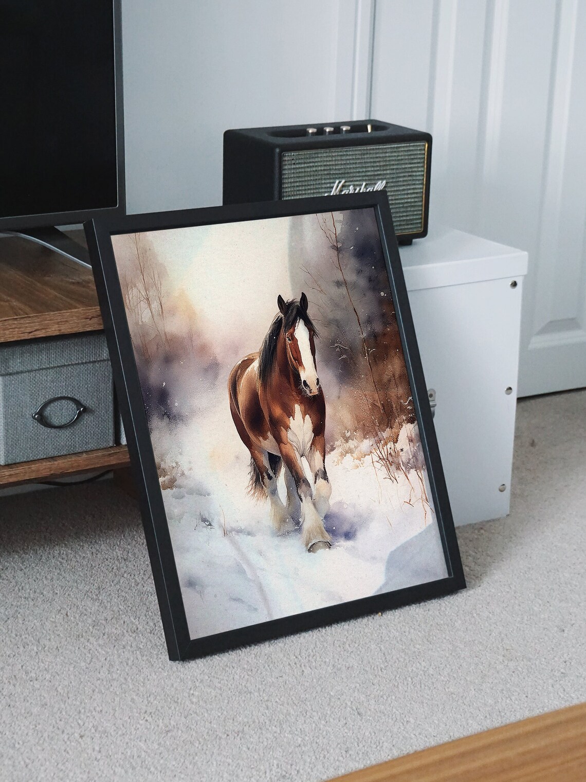 Clydesdale Horse in Snow Watercolor Winter Farm Animal Poster - Image 7