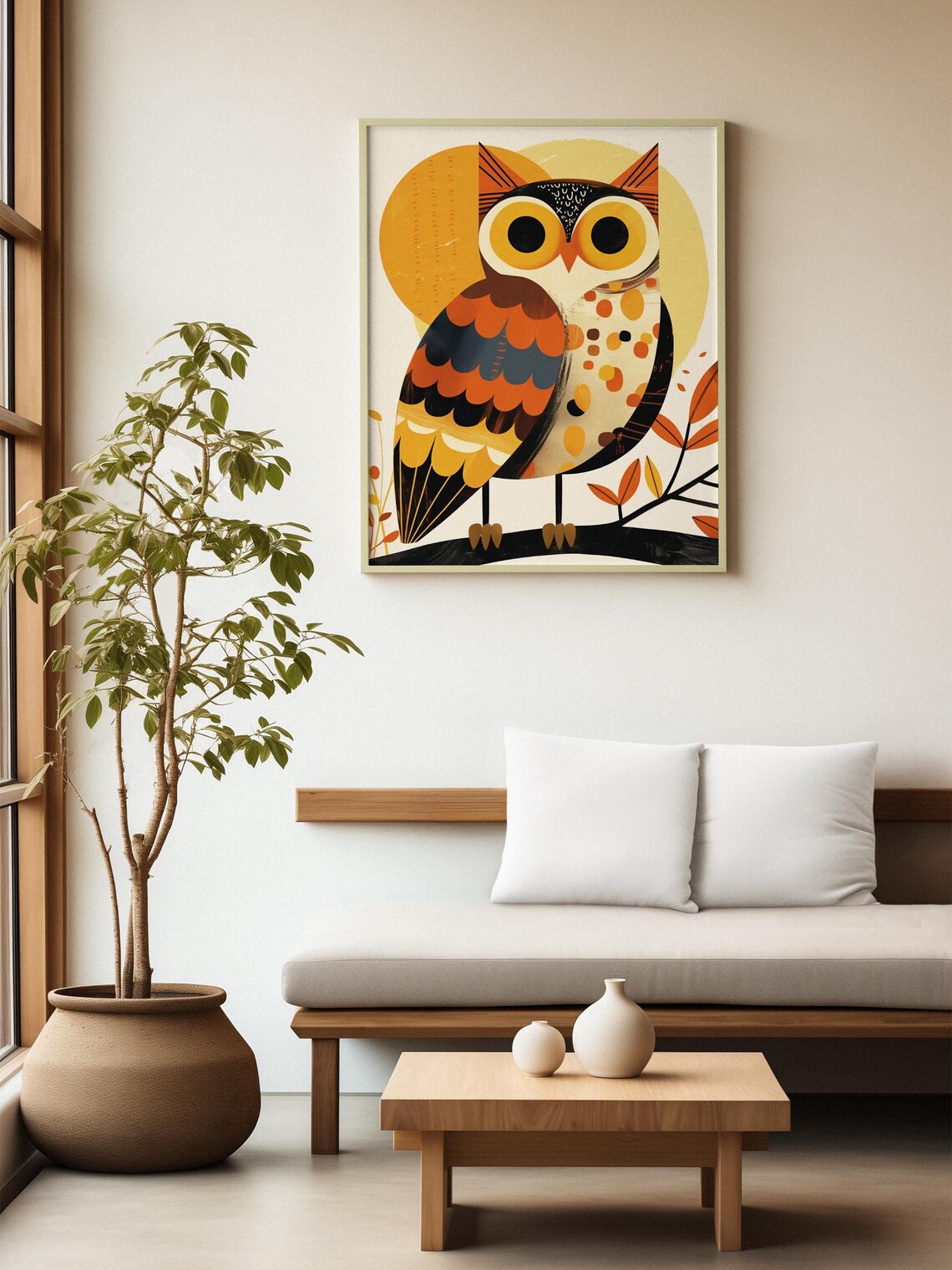 Whimsical Folk Art Owl on a Branch with a Warm Golden Sun Poster - Image 2