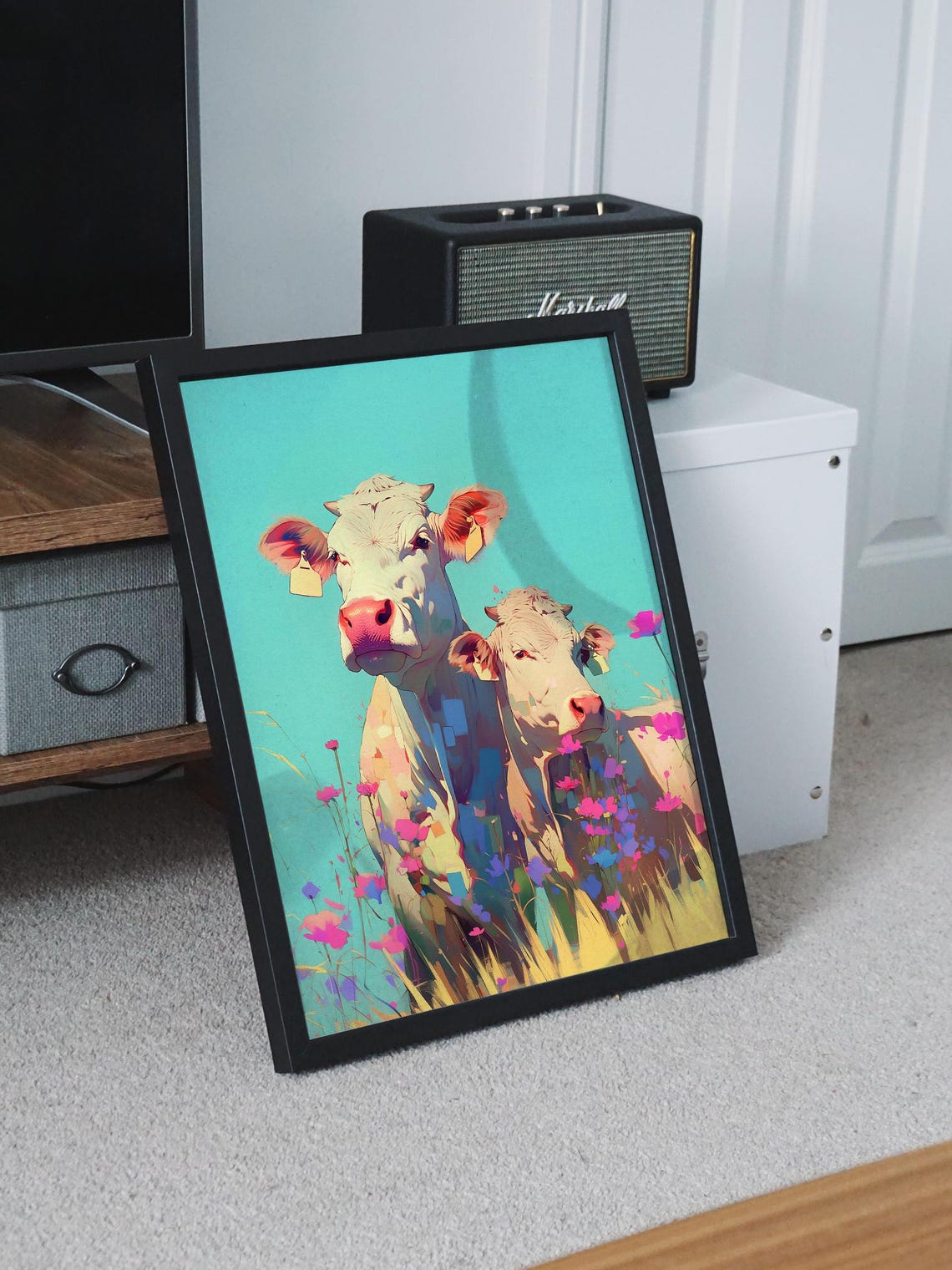 Two White Cows Among Pink Wildflowers Under a Turquoise Sky Art Poster - Image 8