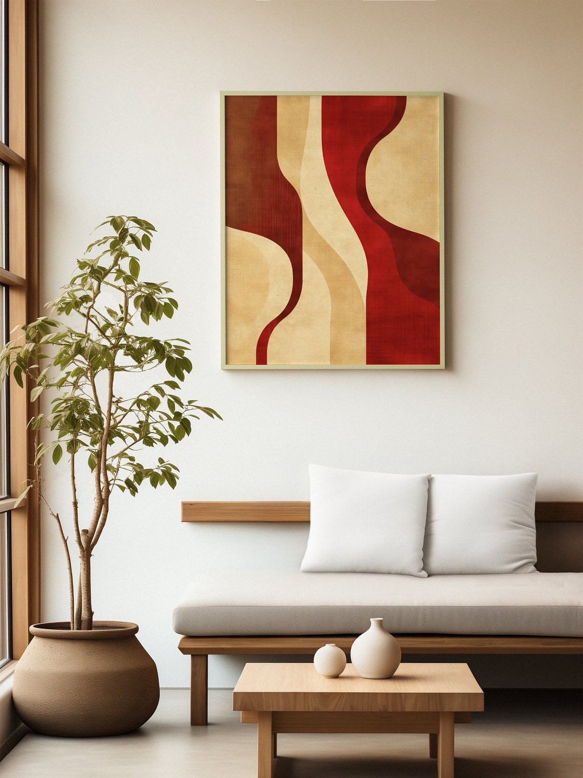 Deep Red and Cream Vertical Waves Mid Century Abstract Poster - Image 7