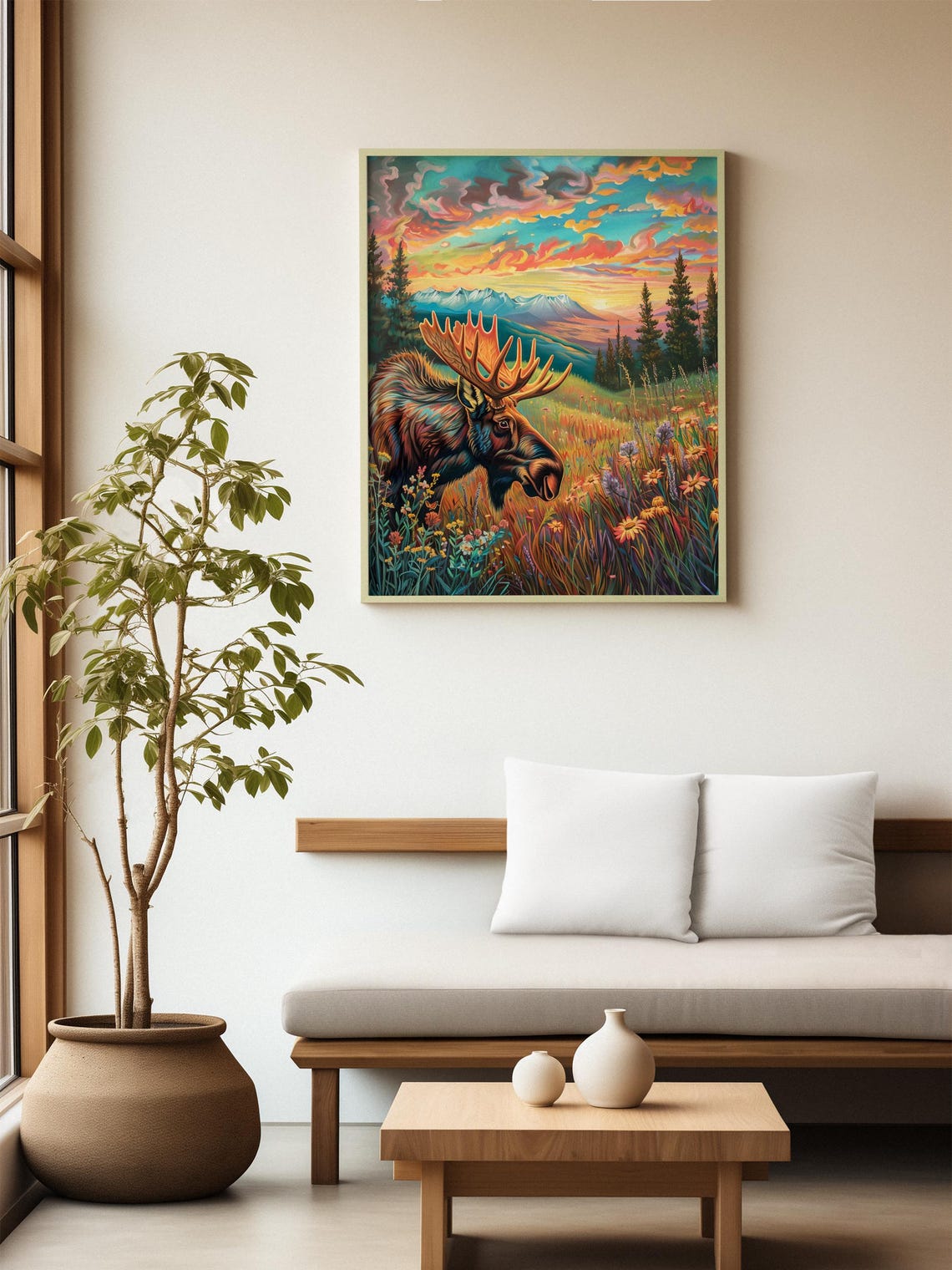 Moose in Wildflower Meadow Colorful Sunset Mountain View Poster - Image 2