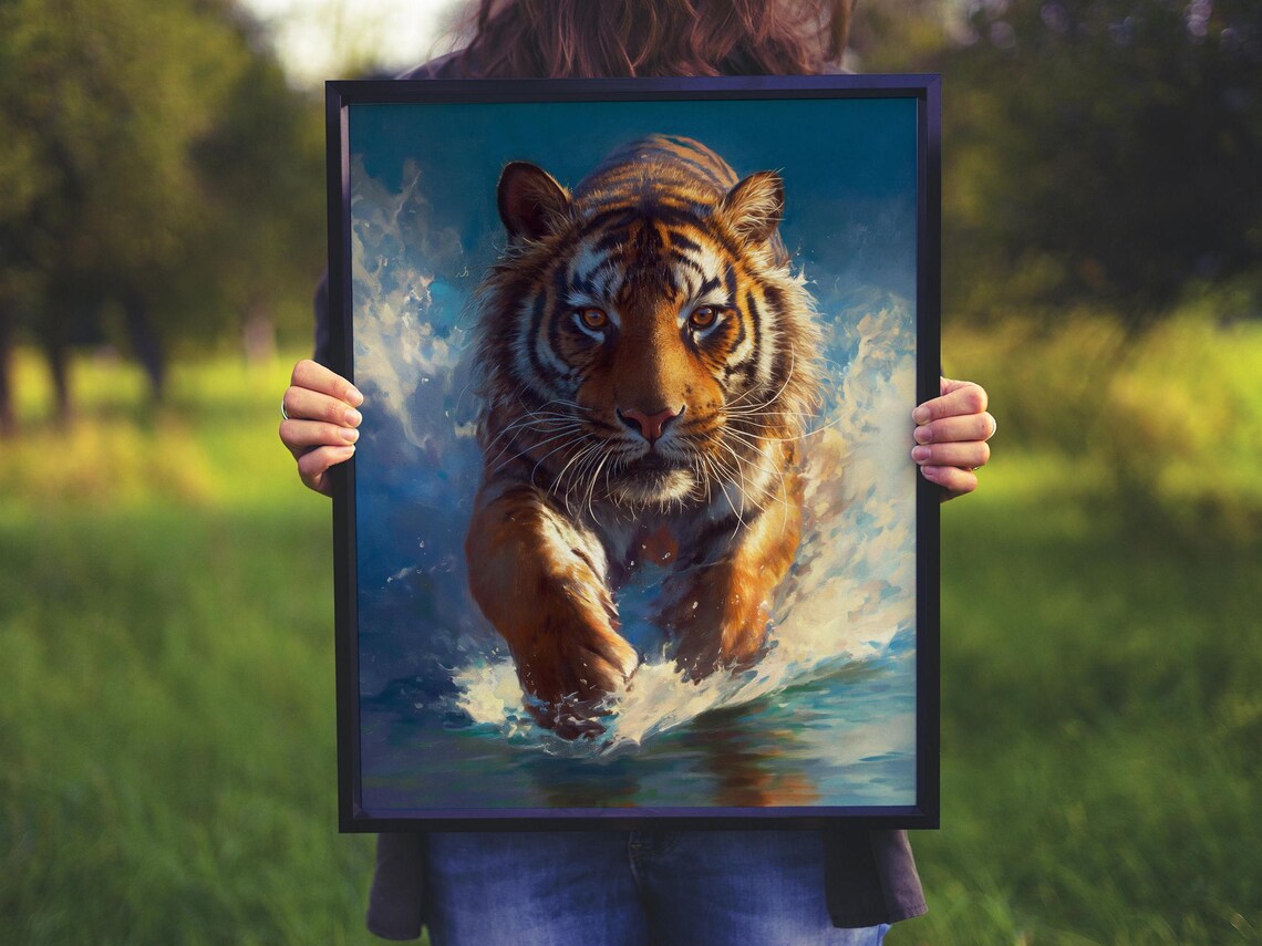 Majestic Tiger Charging Through Splashing Water Oil Painting Poster - Image 4