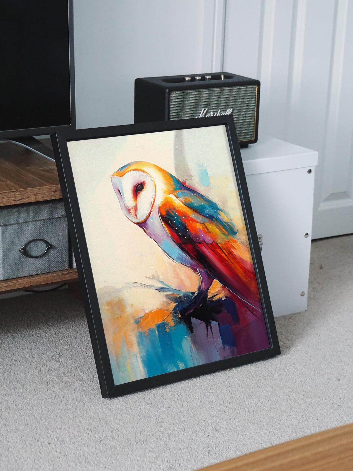 Barn Owl in Profile With Rainbow Painted Plumage on Cream Poster - Image 4