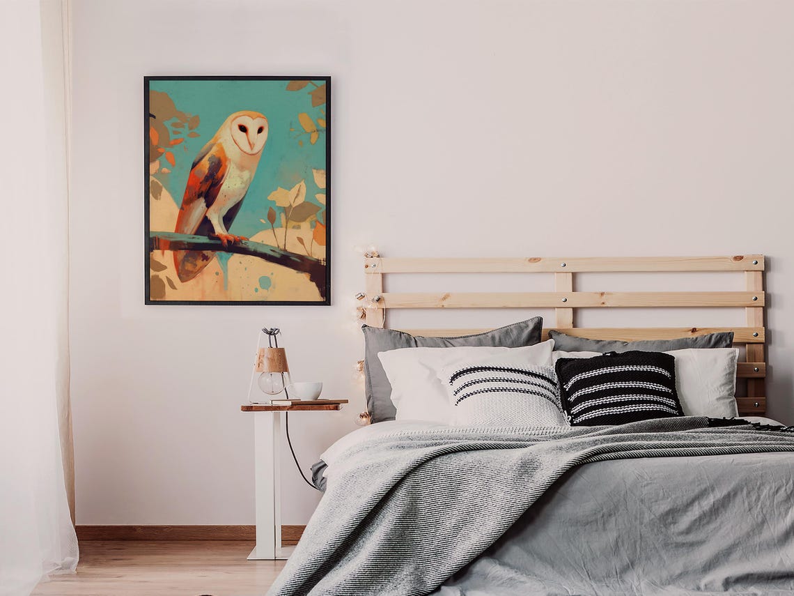 Barn Owl on a Branch in Teal and Coral Watercolor Style Poster - Image 7