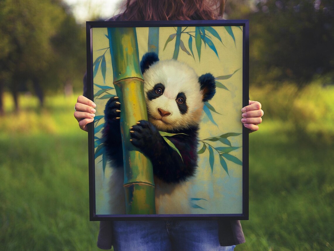 Baby Panda Peeking From Behind Bamboo in Warm Golden Light Art Poster - Image 5