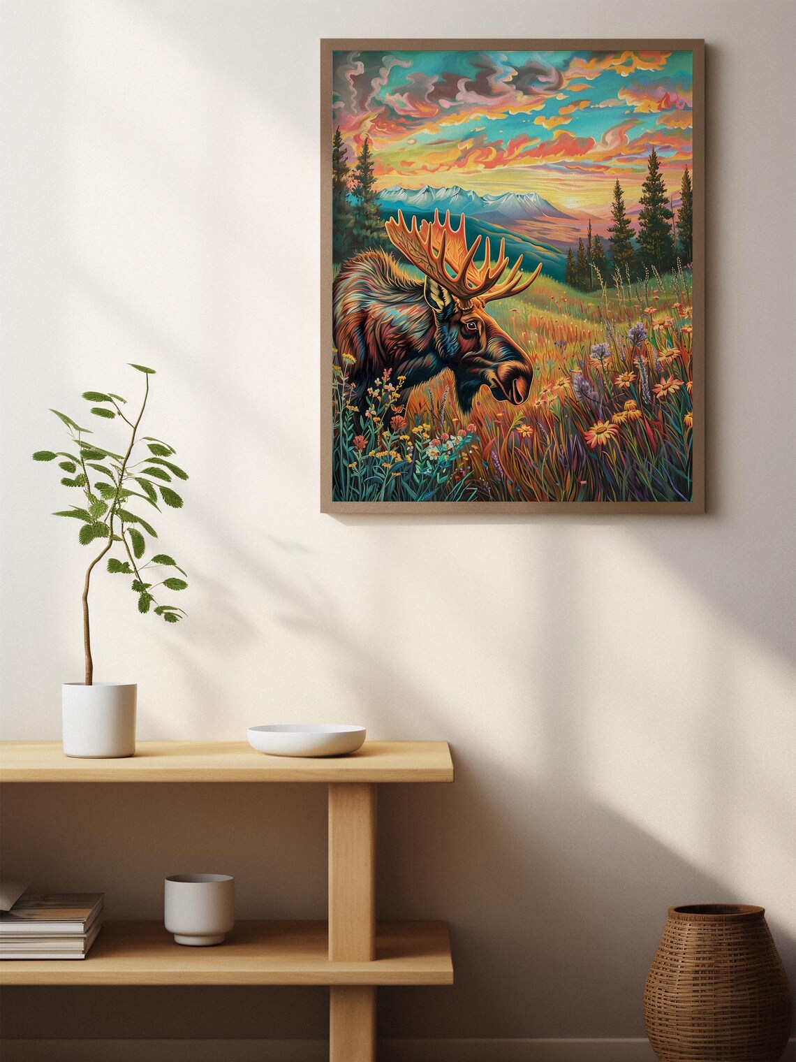 Moose in Wildflower Meadow Colorful Sunset Mountain View Poster - Image 6