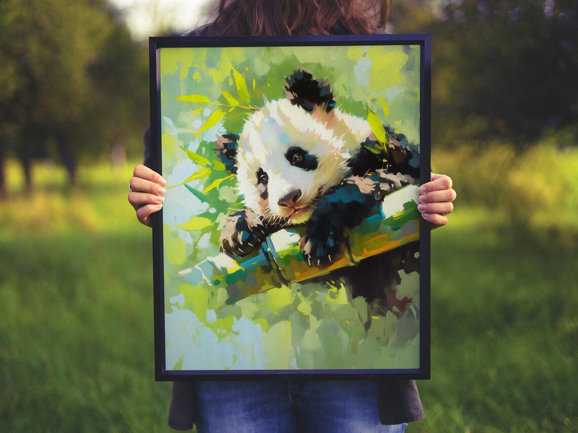 Cute Panda Cub Resting on Bamboo Among Soft Green Leaves Art Poster - Image 8
