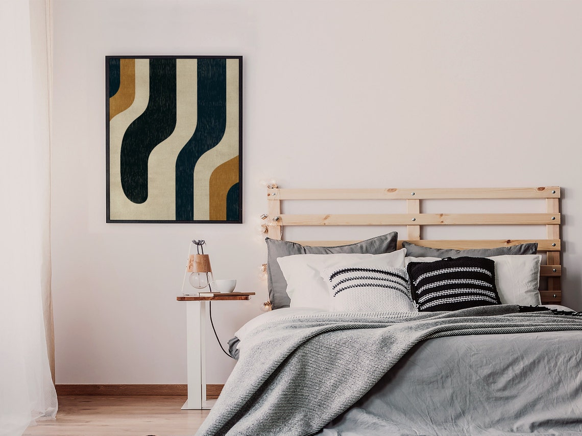 Vertical Wavy Stripes Navy Cream Ochre Retro Abstract Poster - Image 5