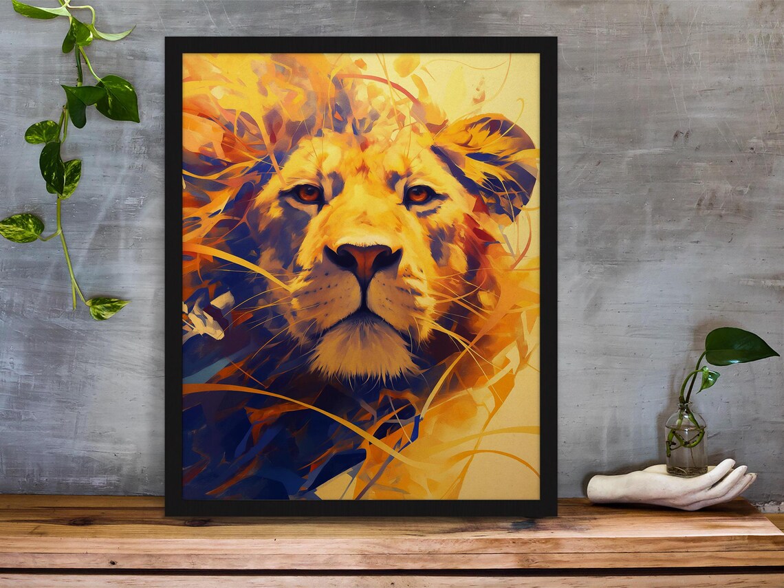 Golden Lion Face in Explosive Blue and Yellow Brushstrokes Poster - Image 3