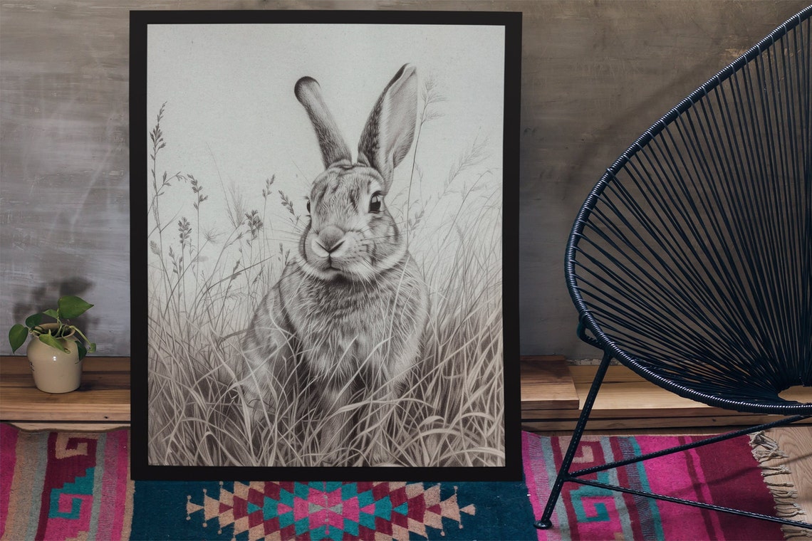 Hare Portrait in Meadow Grass Realistic Graphite Sketch Poster - Image 2