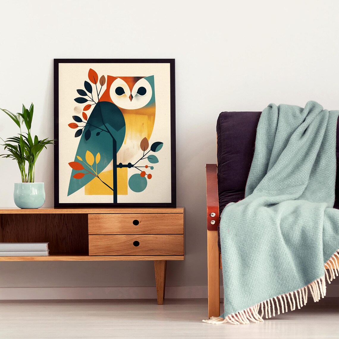 Geometric Mid-Century Owl on a Branch with Autumn Leaves Poster - Image 7
