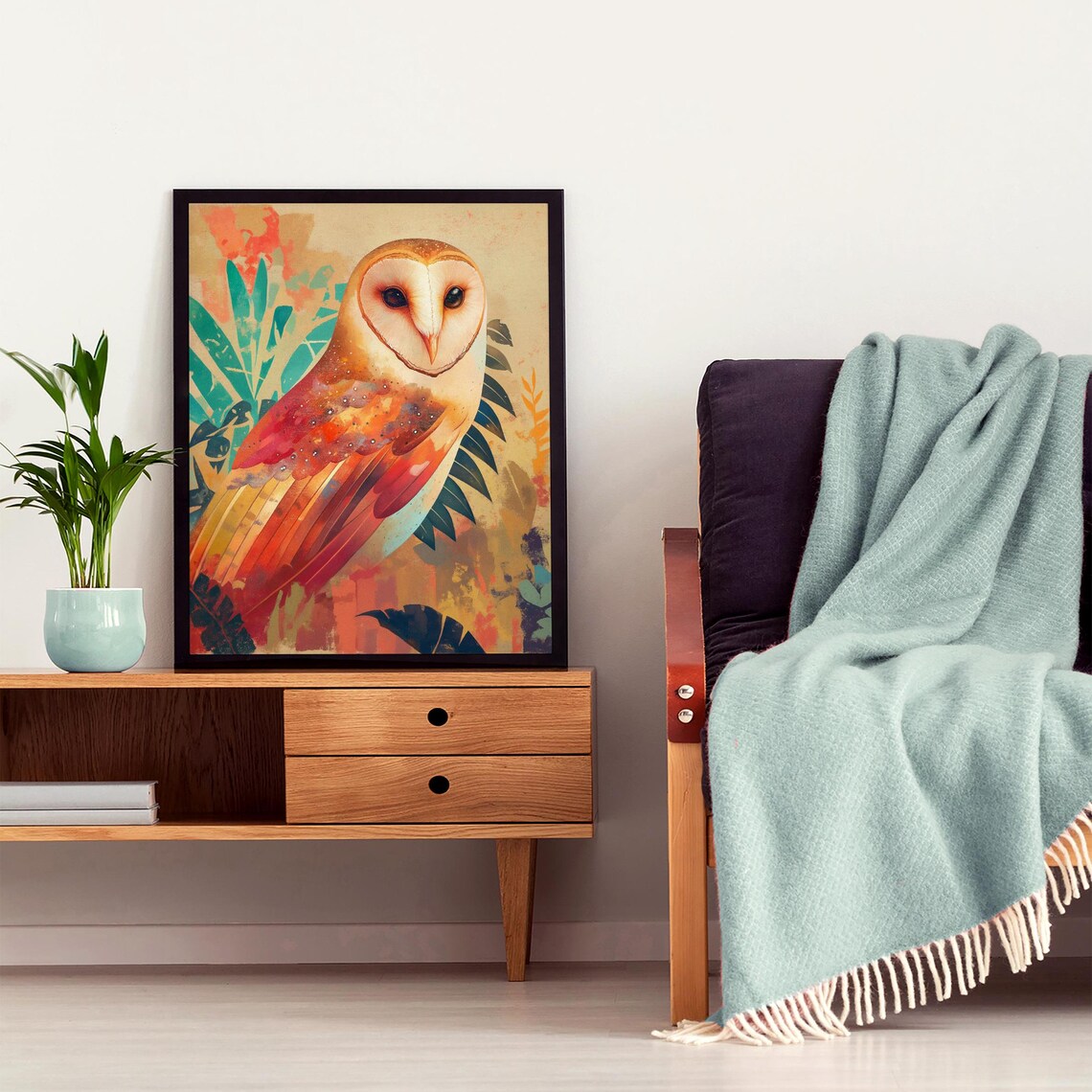 Stylized Barn Owl in Warm Sunset Tones with Tropical Leaves Poster - Image 4