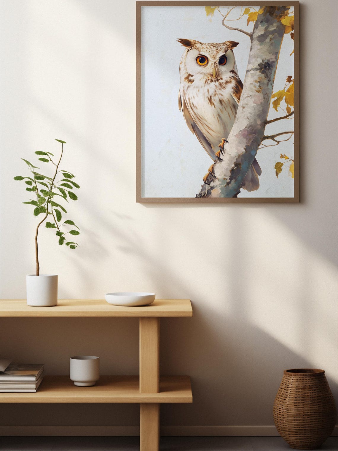 White Owl Perched on a Birch Branch with Autumn Leaves Poster - Image 2