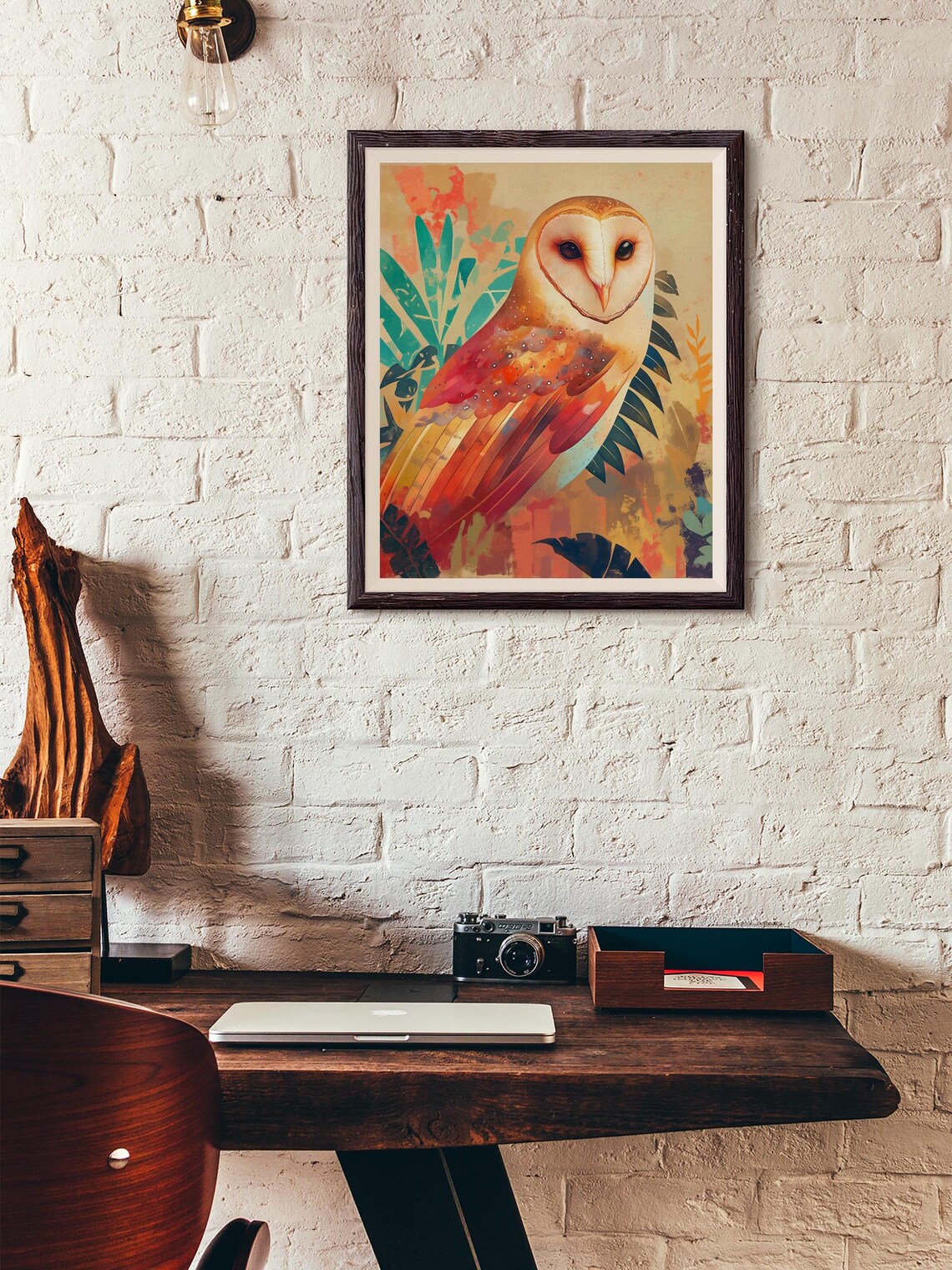 Stylized Barn Owl in Warm Sunset Tones with Tropical Leaves Poster - Image 3