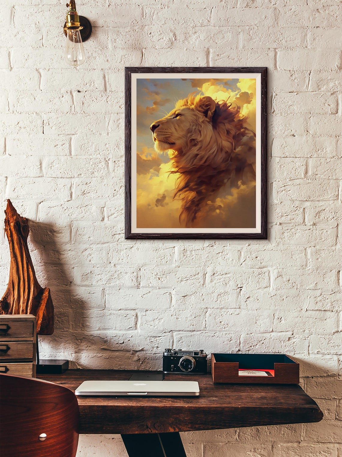 Lion in Profile Against Golden Sunset Clouds Painted Wildlife Poster - Image 3