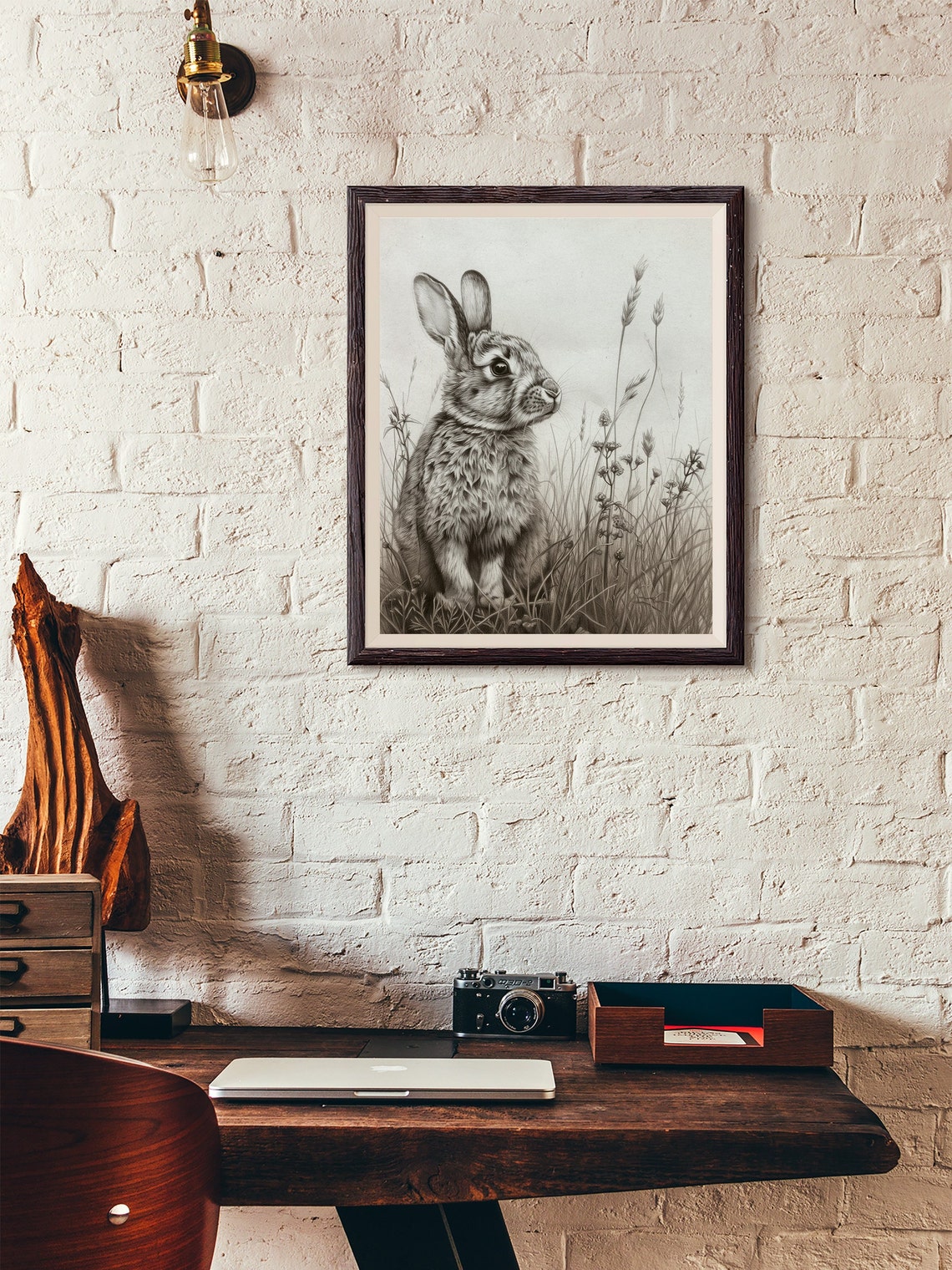 Rabbit in Tall Grass Graphite Pencil Drawing Wildlife Poster - Image 2