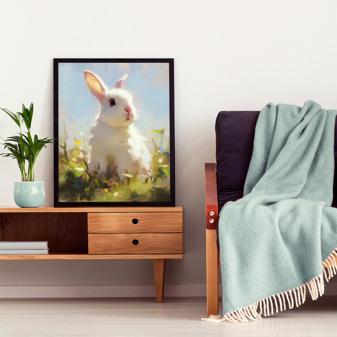 Sweet White Baby Bunny Sitting in a Sunny Flower Meadow Art Poster - Image 6