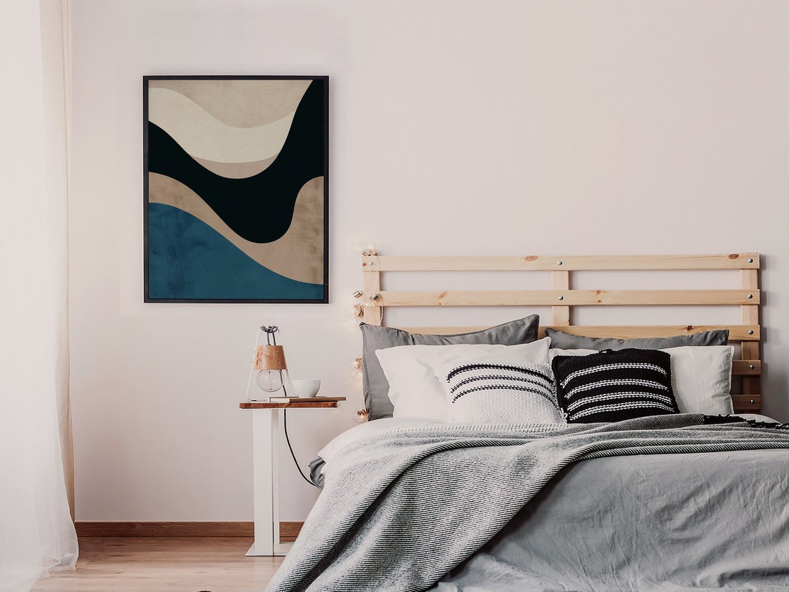 Cream Navy Teal Wavy Bands Minimalist Abstract Art Style Poster - Image 7