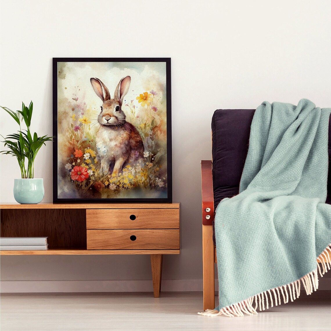 Watercolor Bunny Rabbit Among Wildflowers Pastel Animal Art Poster - Image 8