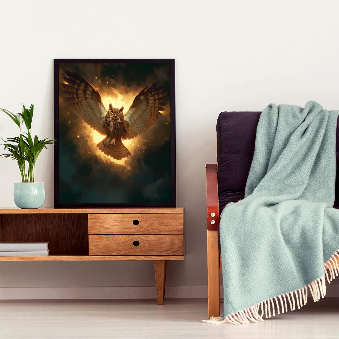 Majestic Great Horned Owl Soaring Through a Fiery Night Sky Poster - Image 4