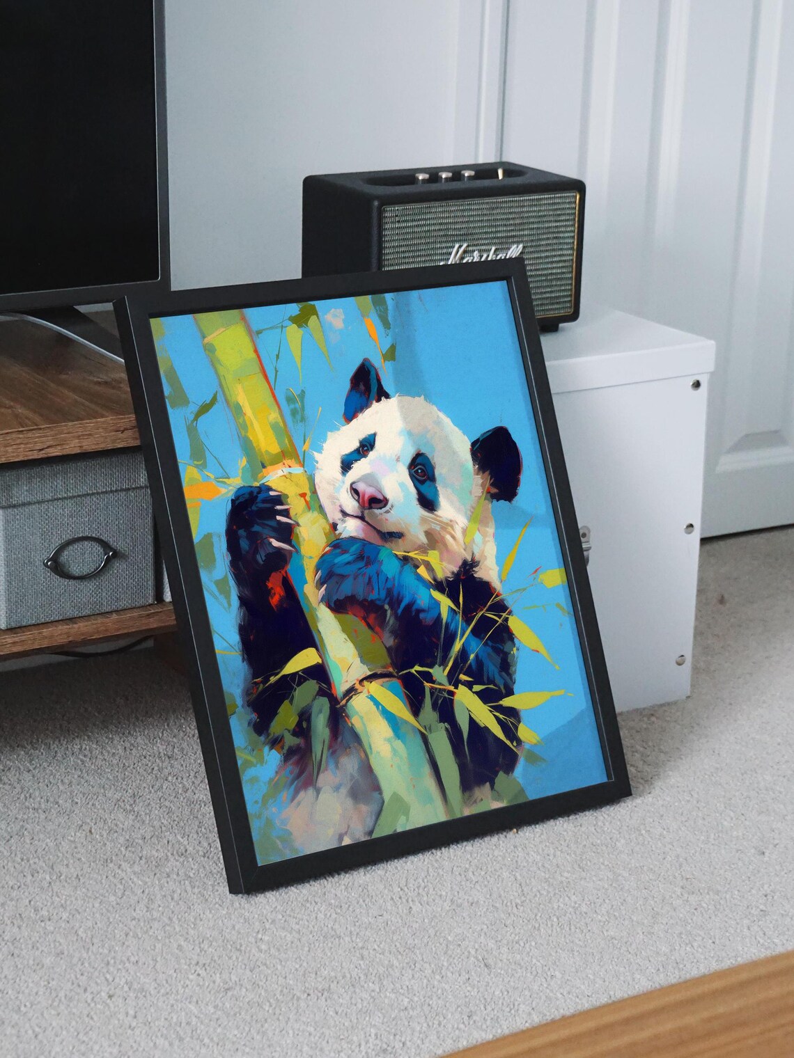 Colorful Giant Panda Hugging Bamboo Against a Bright Blue Sky Poster - Image 6