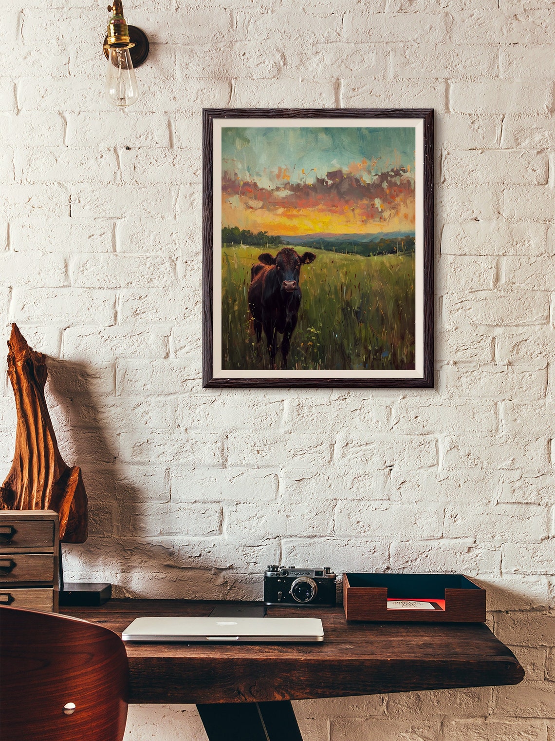 Black Cow in a Green Pasture Under a Beautiful Glowing Sunset Poster - Image 6