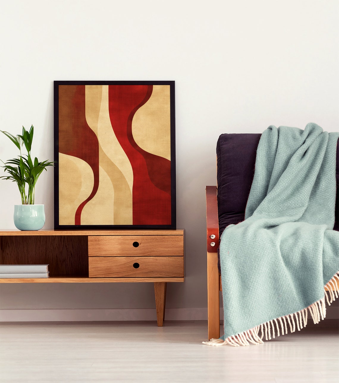 Deep Red and Cream Vertical Waves Mid Century Abstract Poster - Image 2