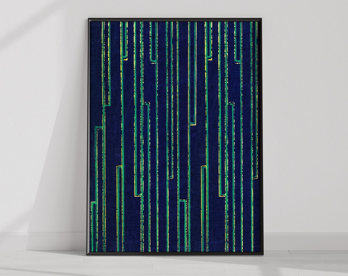 Dark Blue Abstract Lines Gold Green Textured Modern Wall Poster