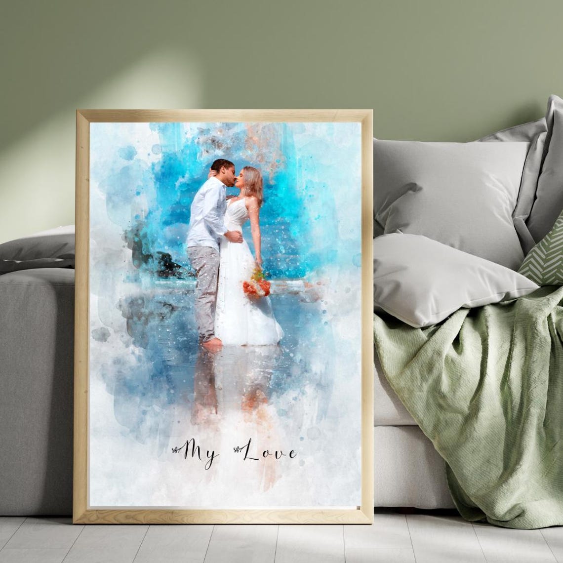 Wedding Date Keepsake Bride and Groom Watercolor Portrait Poster - Image 2