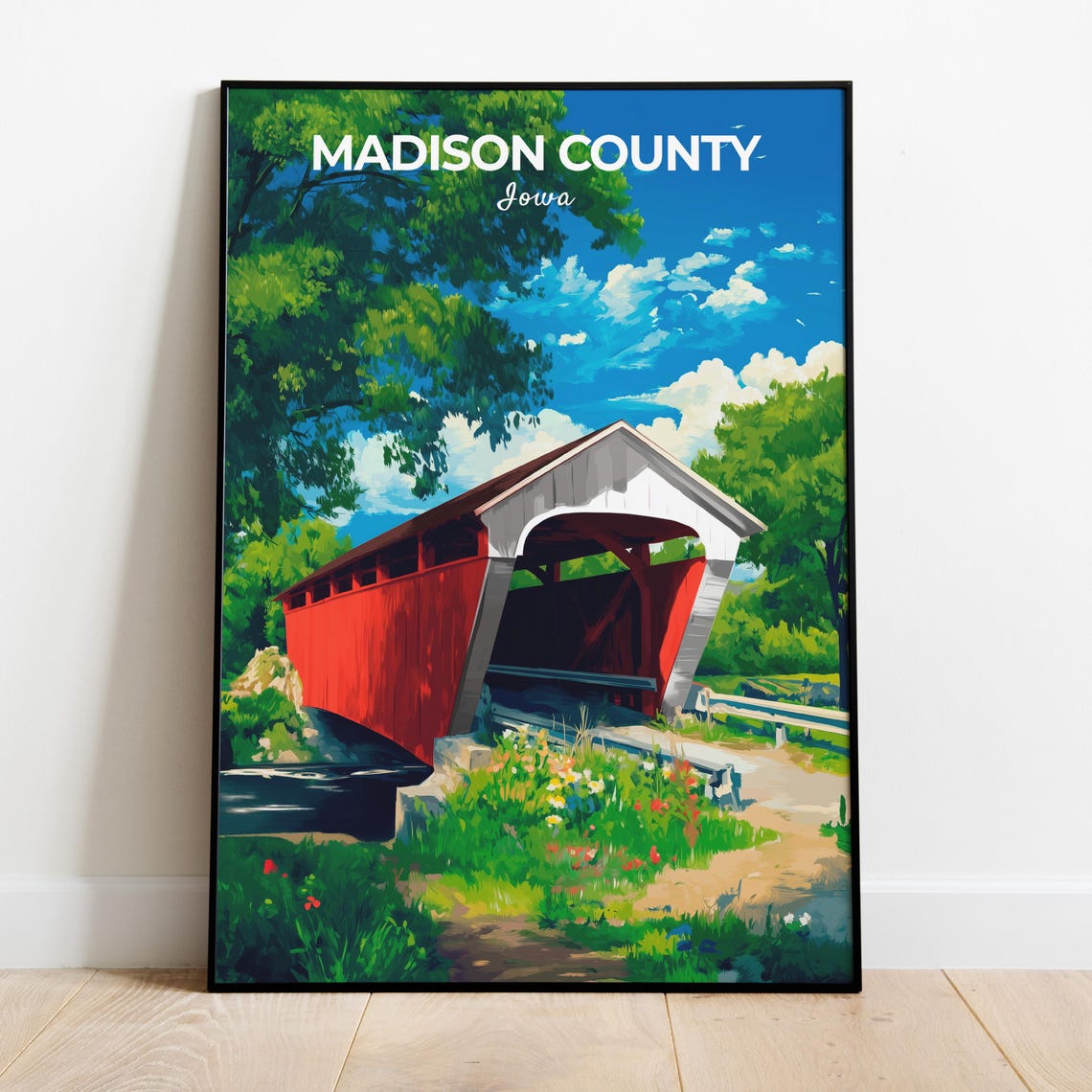 Madison County Iowa Red Covered Bridge Countryside Travel Poster