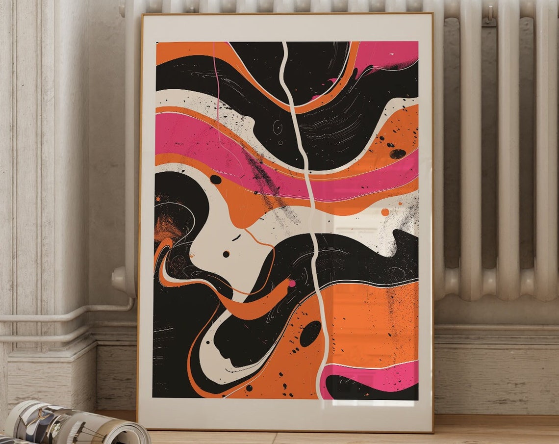 Vibrant Abstract Orange Pink Black Fluid Modern Art Gallery Poster