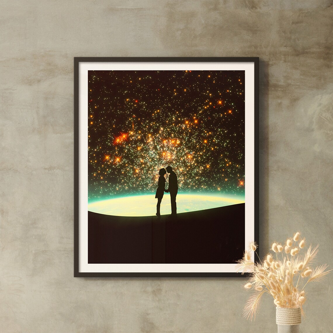Cosmic Kiss Starry Sky Retro Futurism Art Print