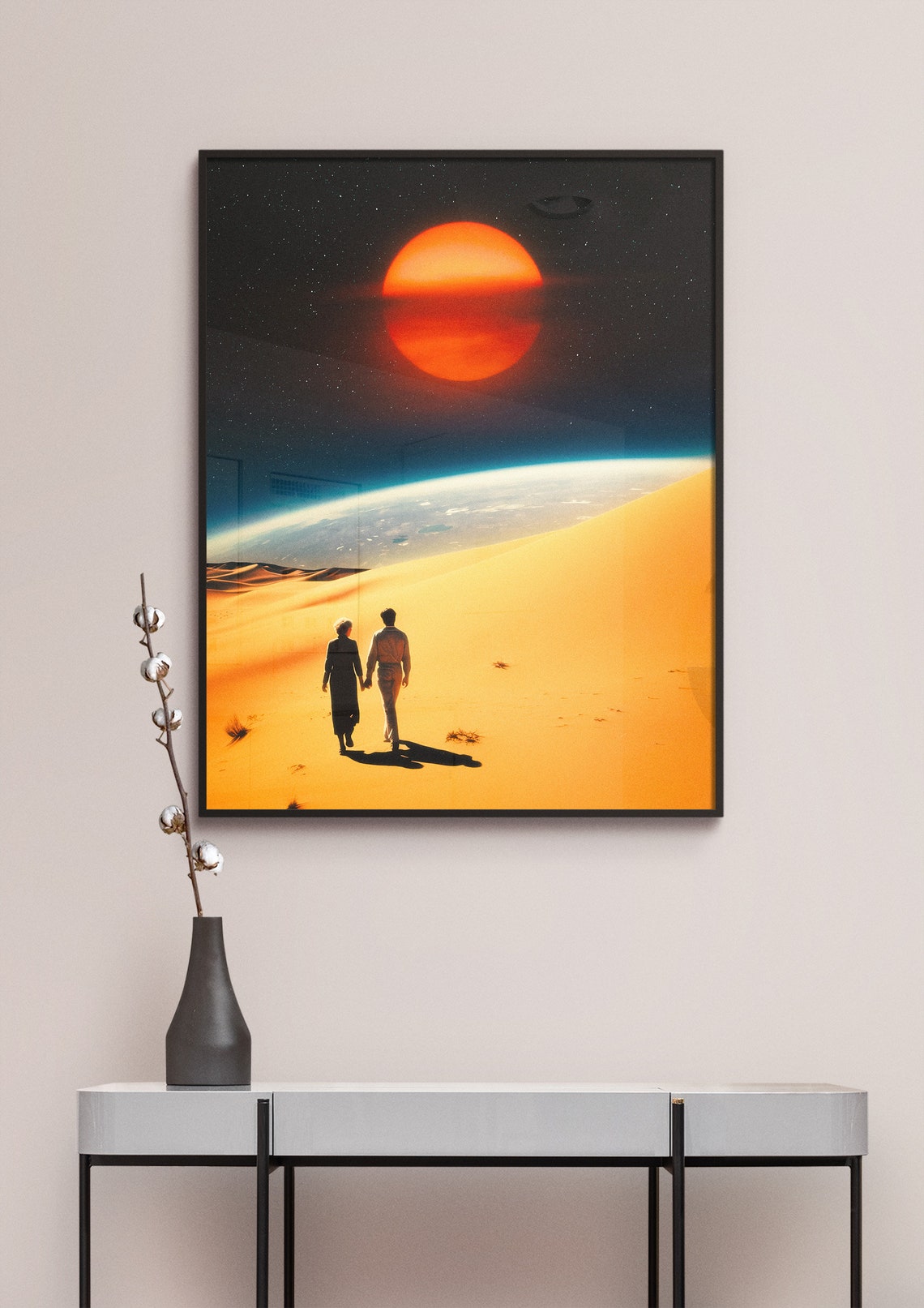Couple Walking Desert Dunes Toward Earth Horizon Giant Red Sun Poster - Image 3