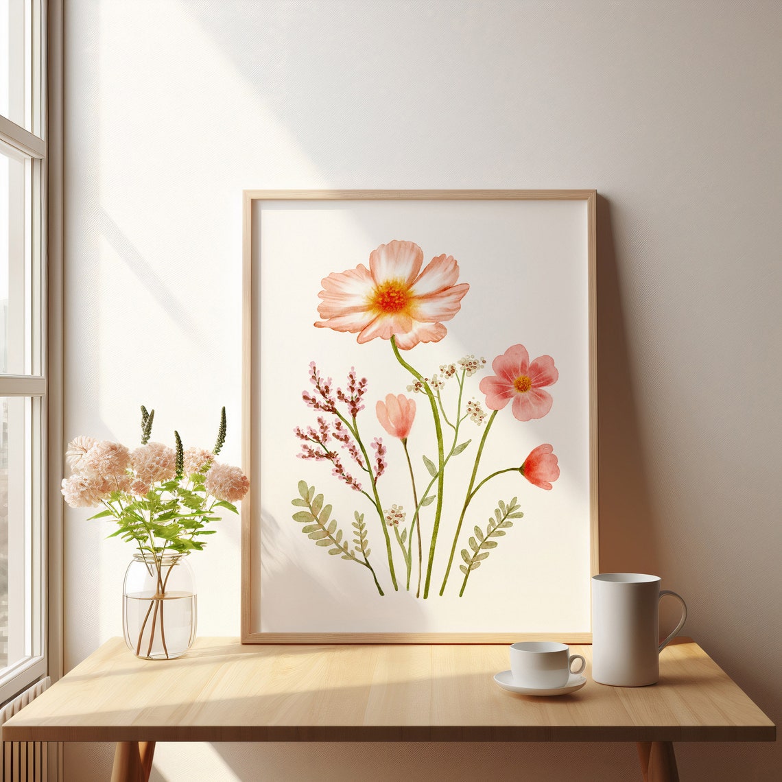 Watercolor Wildflower Wall Art Pink Flower Print Botanical Art Floral Watercolor Painting Farmhouse Home Decor Wall Art