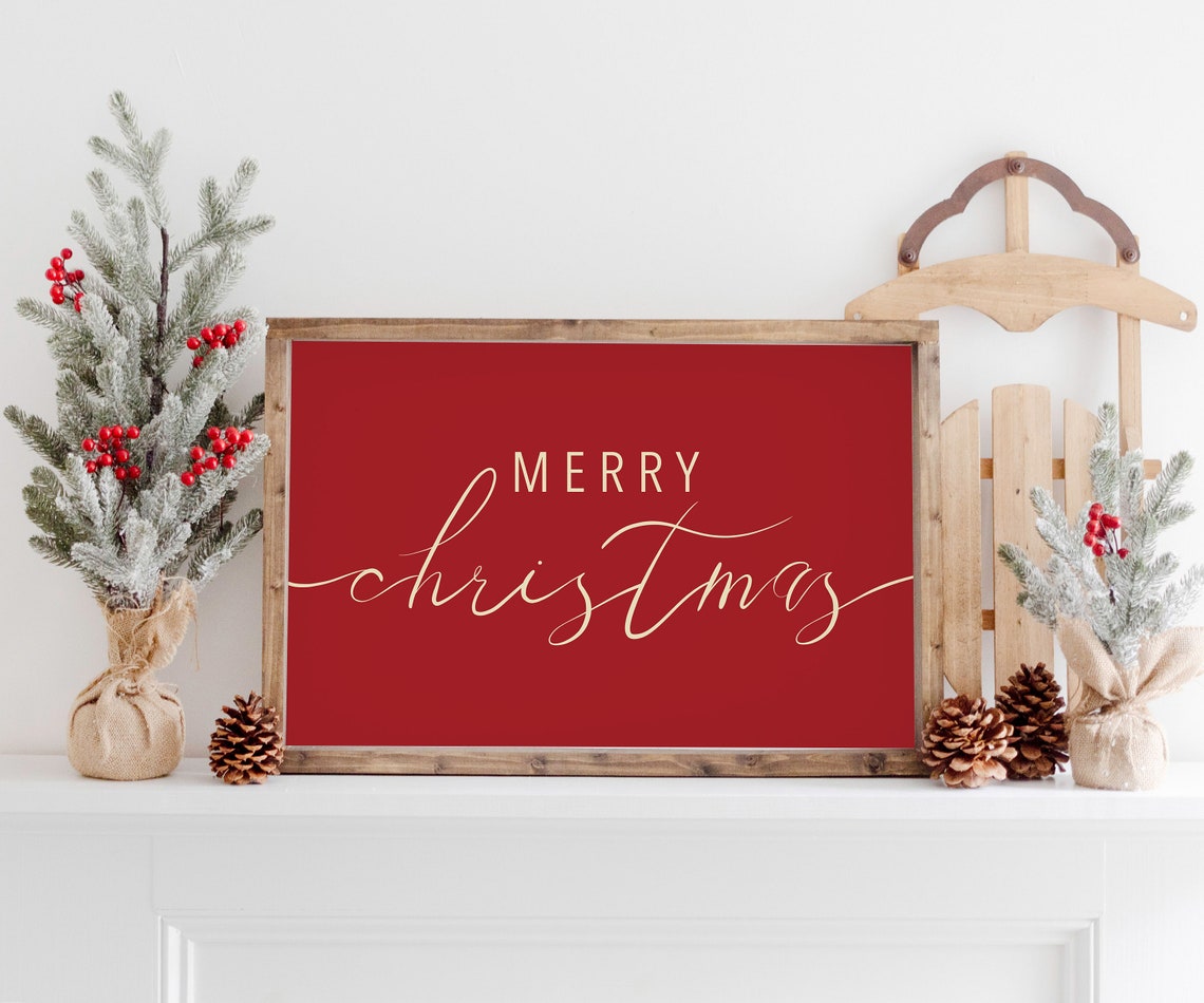 Red Merry Christmas Script Typography Poster Holiday Window Sign Decor - Image 2
