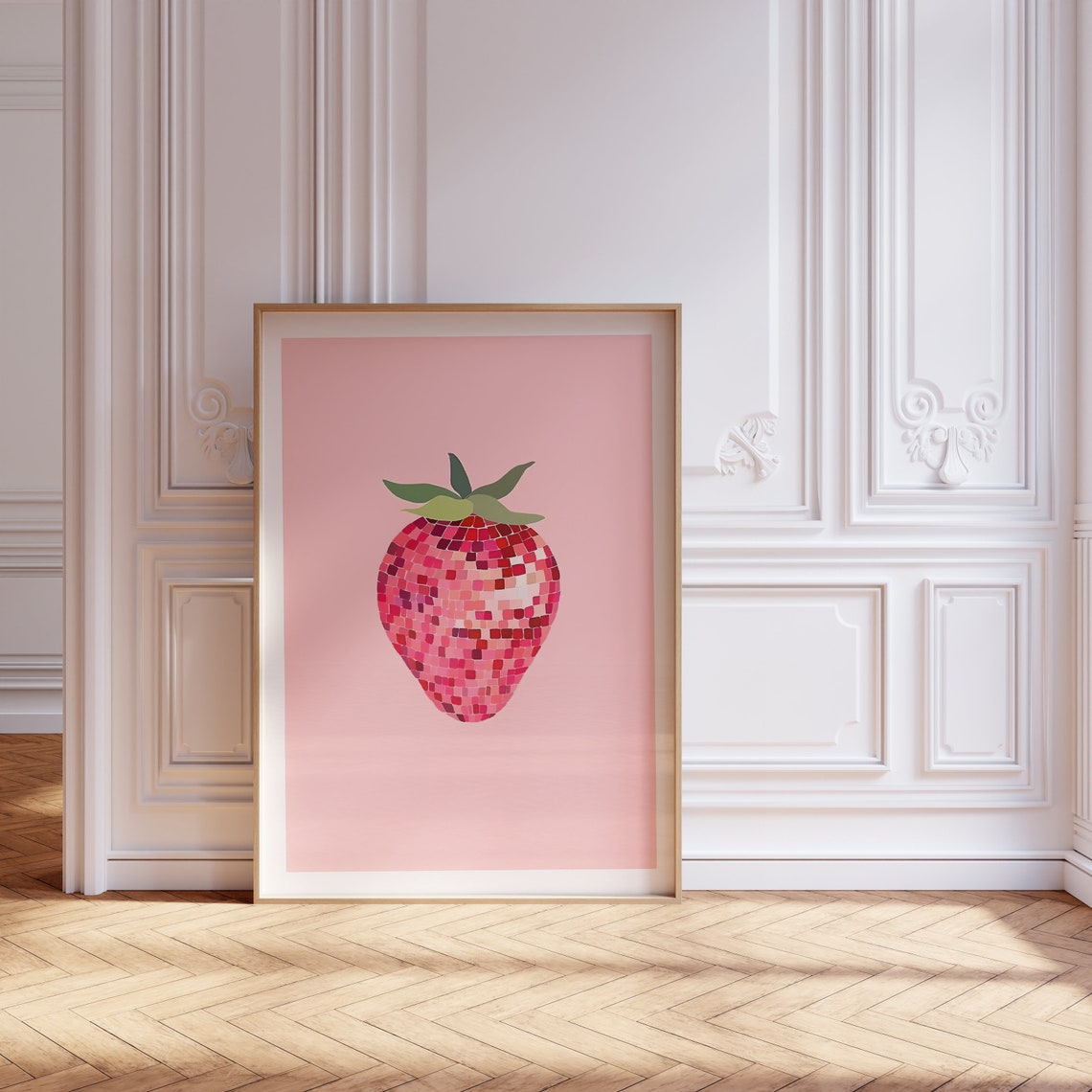 Strawberry Mosaic Tile Pink Retro Fruit Kitchen Decor Art Poster