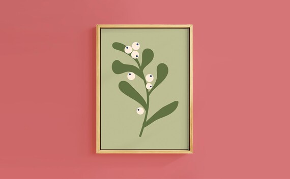 Calm Mistletoe Sprig White Berries Sage Green Minimalist Poster