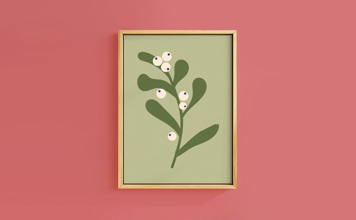 Calm Mistletoe Sprig White Berries Sage Green Minimalist Poster