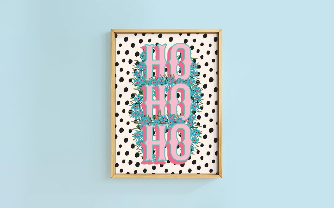 Ho Ho Ho Pastel Pink Blue Floral Christmas Dots Holiday Poster