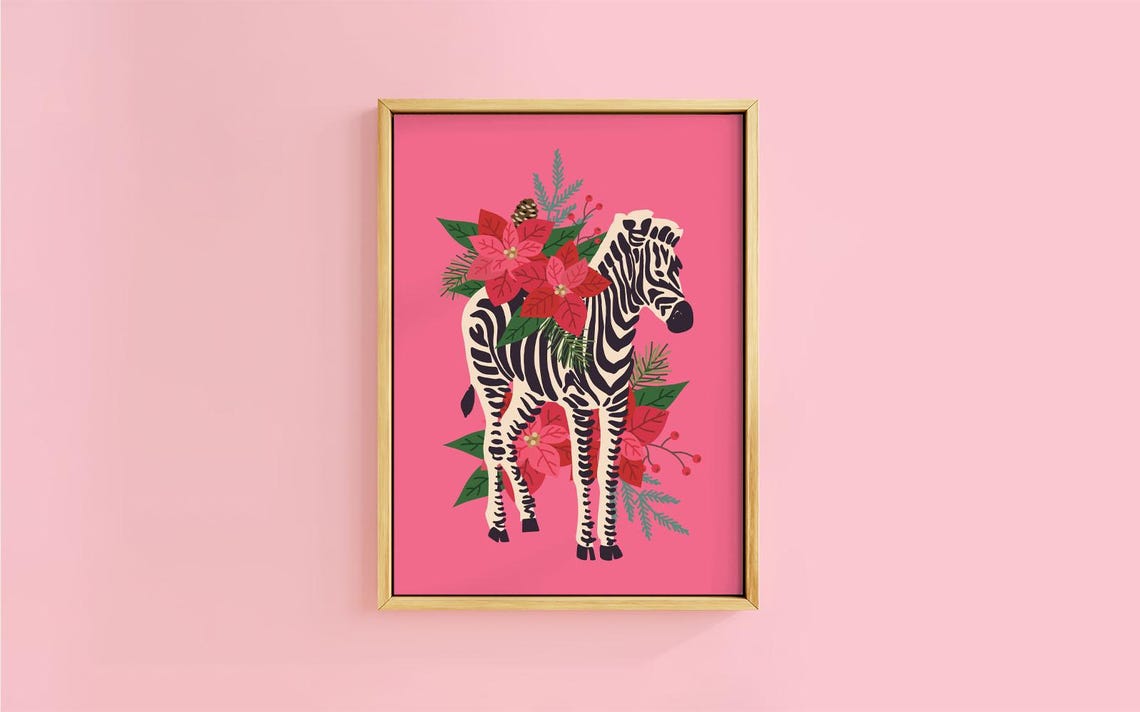 Charming Zebra Poinsettia Pine Hot Pink Festive Botanical Poster